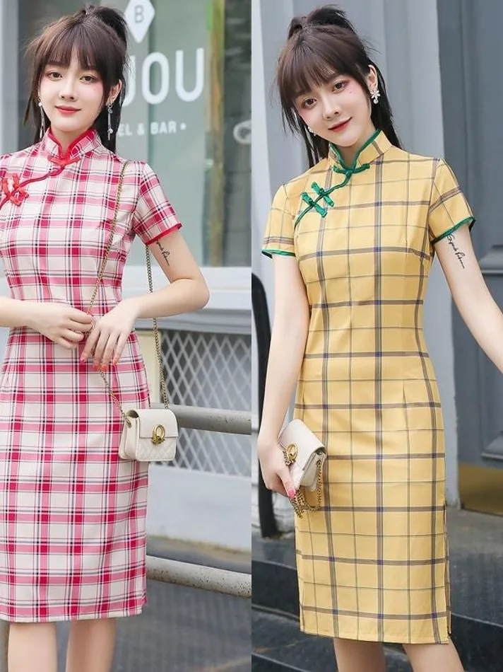 

Summer Long Cheongsam Dress Vintage Slim Checked Dress Chinese Style Women Evening Wedding Dresses