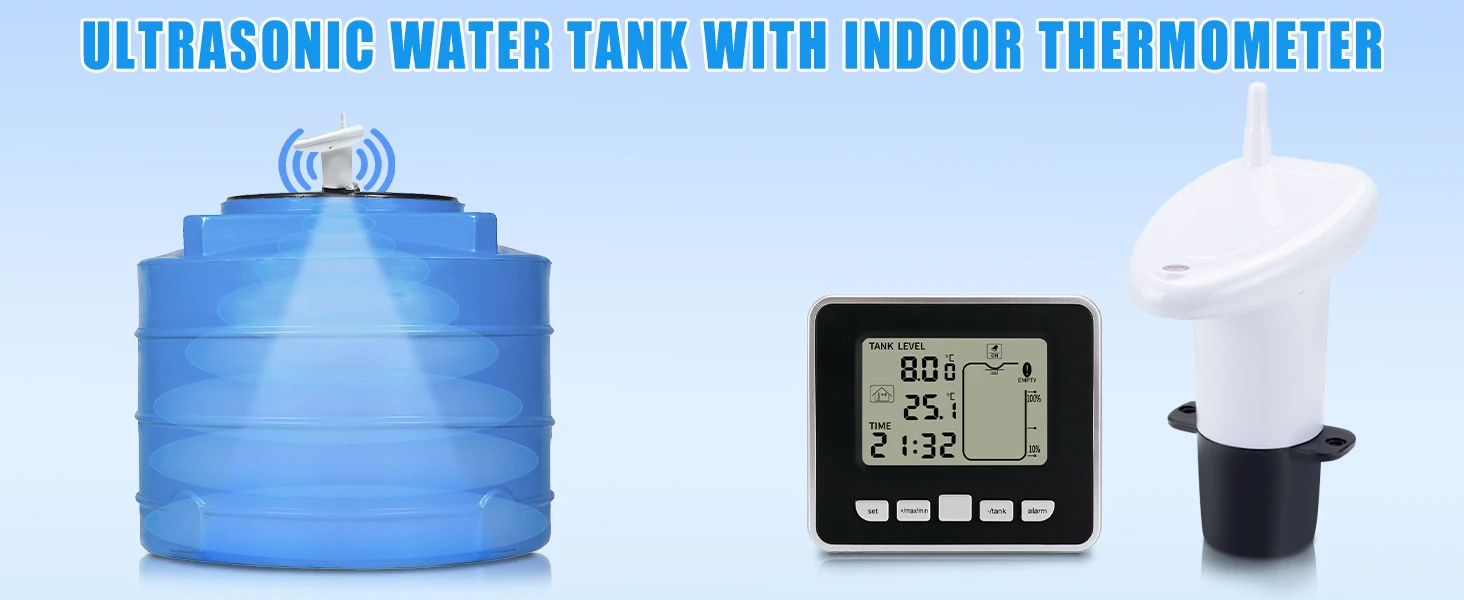 Ultraschall-Flüssigkeitsstandmessgerät für den kabellosen Wassertank mit Temperatursensor, Echtzeit-LCD-Display, Hi/Low-Alarm, Min./Max. Aufnahme für Zuhause – Detail 2