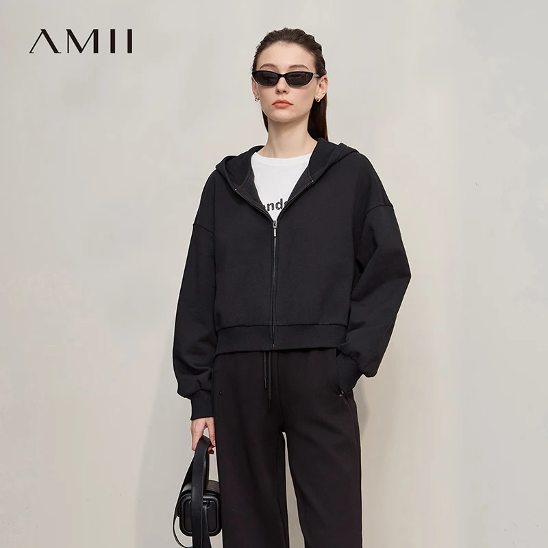 

AMII Women's Jacket 2025 Winter New Solid Knitted Loose Versatile Women's Clothing Zipper Hooded Warm Long Sleeve Tops 12524012
