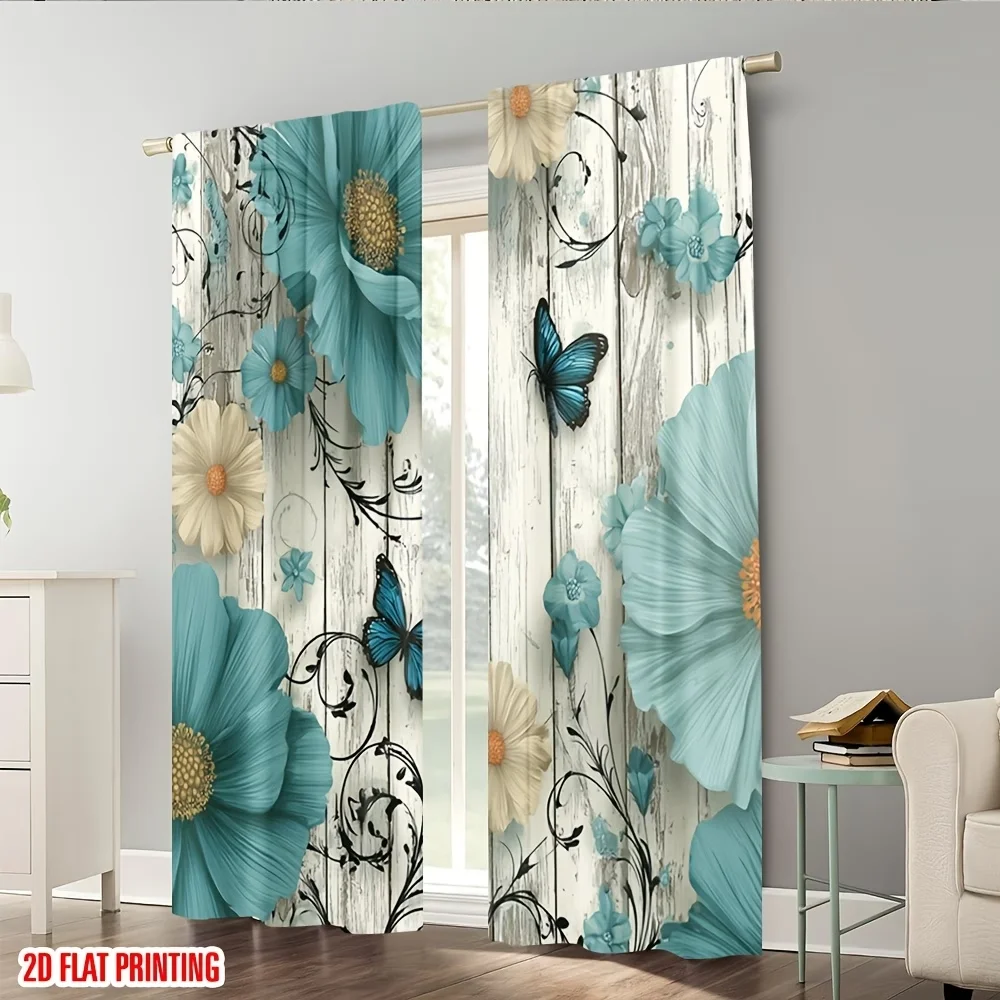 2PCS Digital Printed Curtains, Blue Flower Butterfly Nature Insect Floral, Window Drapes for Living Room Bedroom Home Decoration