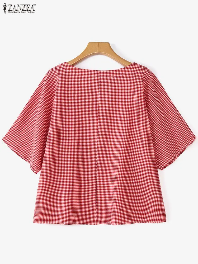 بلوزة صيفية منقوشة من ZANZEA لعام 2025 بلوزات نسائية أنيقة برقبة مربعة وأكمام قصيرة قميص عمل قميص غير رسمي مقاس كبير