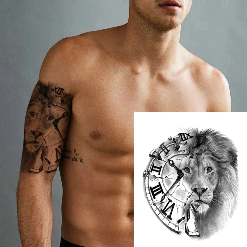 Lion Head Clock Letters Animal Men Tattoo Sticker Body Arm Art Waterproof Temporary Flash Fake Tatoos for Women Party Element
