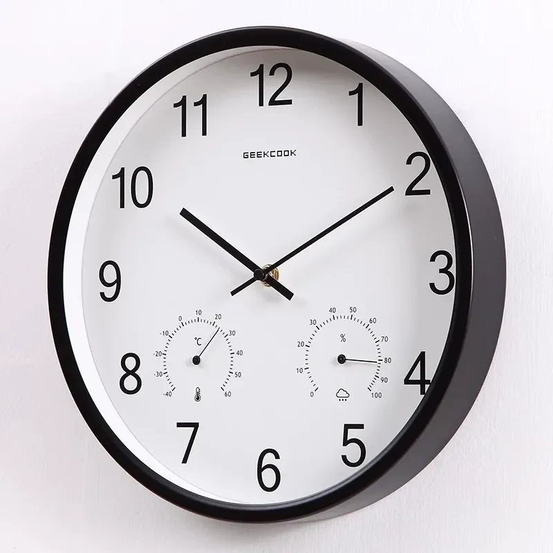 Modern Minimalist Metal Silent Round Wall Clock with Quartz Movement Thermometer Hygrometer for Living Room Bedroom Office