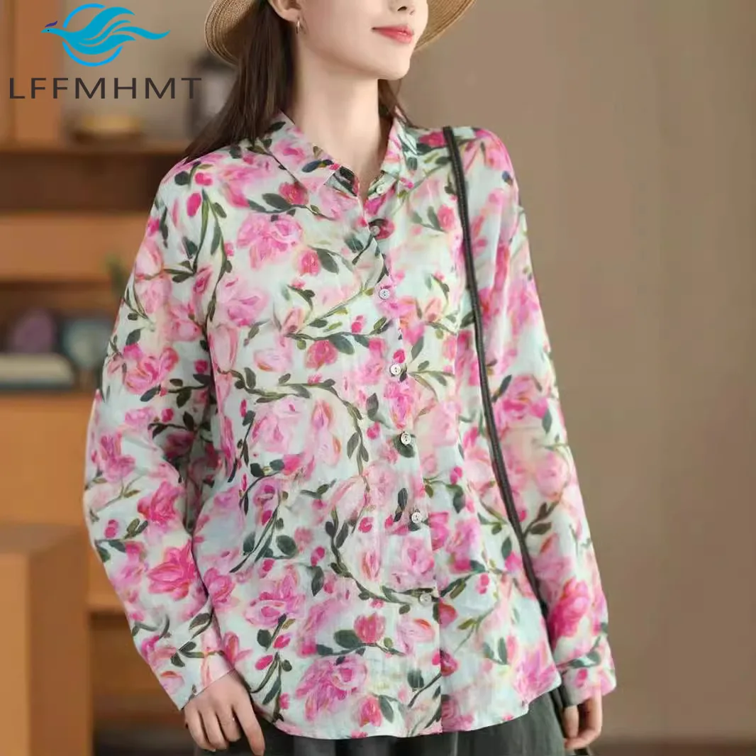 قميص رامي فاخر مطبوع عليه زهور على الموضة الربيعية للنساء بأكمام طويلة وفضفاض غير رسمي ملابس الشارع الشهير بلوزات يومية #1