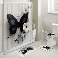 Black Butterfly and White Flower Bathroom 4-Piece Set: Shower Curtain, Bath Mat, Toilet Cover, Tank Cover – Elegant Home Decor