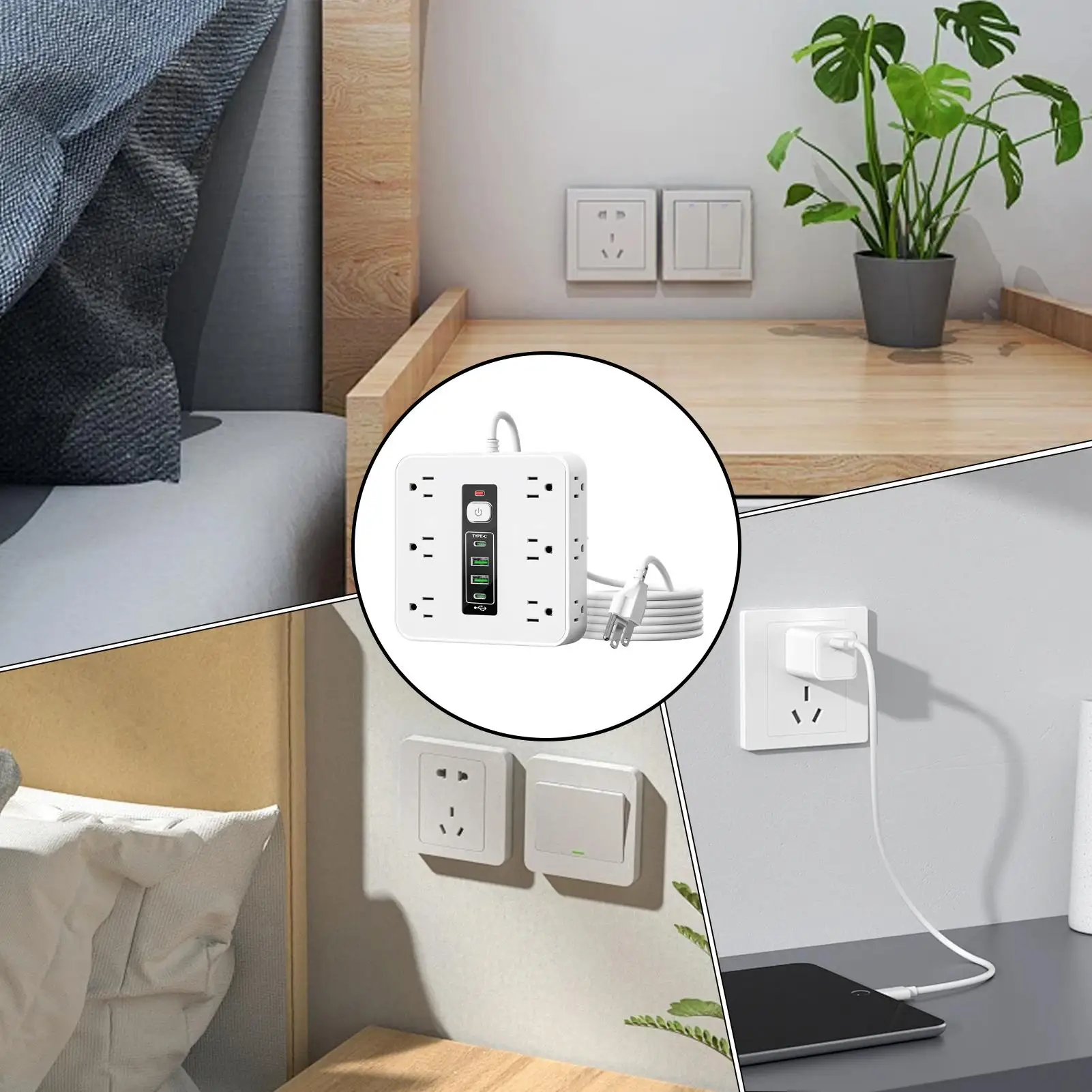 

Outlet Strip With USB Ports Electricity Control Equipment 16-AC-outlet Electrical Strip For Desk Home Dorm Kitchen Wall Living