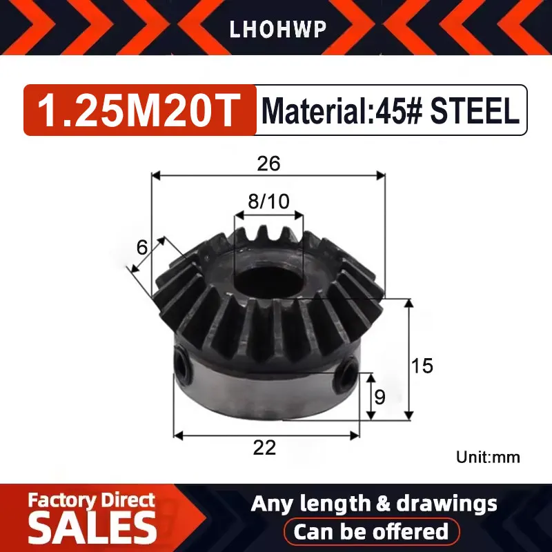 Metal Gear 1.25M 20Teeth Bevel Gear Inner Hole 8/10 mm Screw Hole M5 Quenched At 90 Degrees Steel Gears