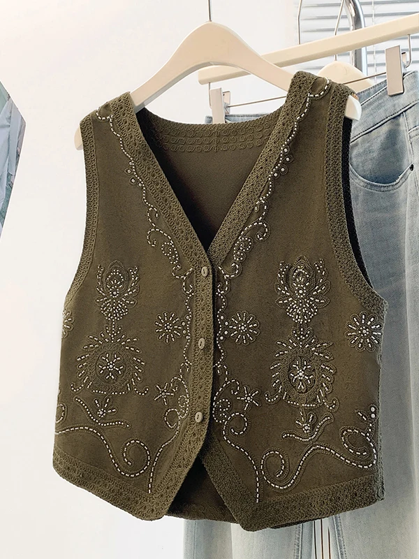 Authentic Heavy Embroidery Pearl Vest Women's Loose Outerwear Top Layering Style Spring Autumn New Arrival Fashion