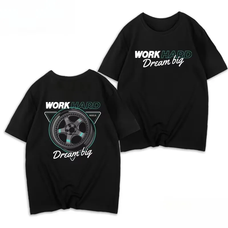 2026 Men Work Hard Dream Big Graphic T Shirt, Car Wheel Front Back Print Crew Neck Short Sleeve Tees, Black Oversized Streetwear