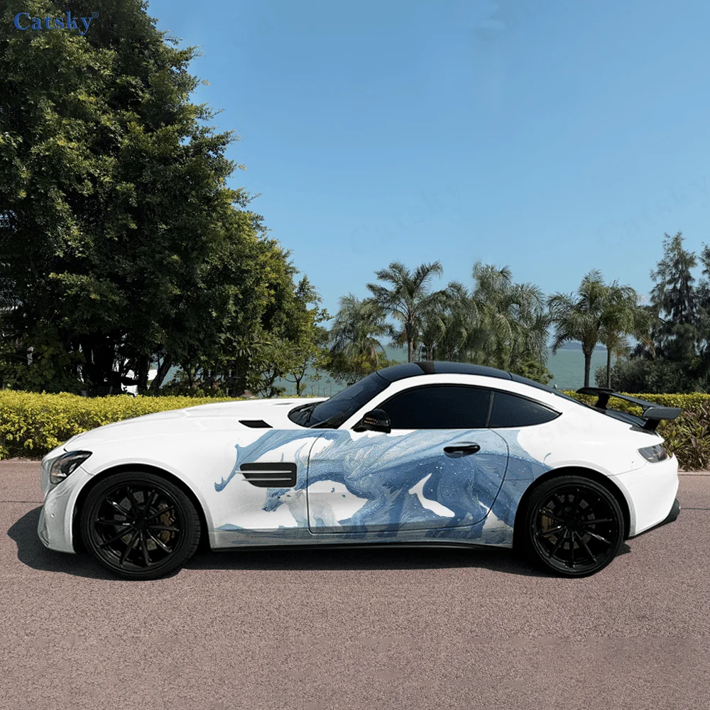 CATSKY.2pcs.Cool Lightning Snowy Blue Flying Dragon & Fox Decorative Fitting Scratch-Resistant Car Wrap Sticker