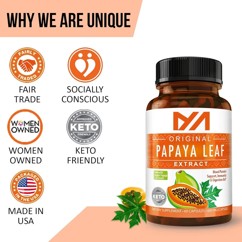 Papaya Leaf Extract Digestive Enzymes - Vegetarian Capsules - Blood Plate, Bone Marrow and Health Support, Immune Intestine