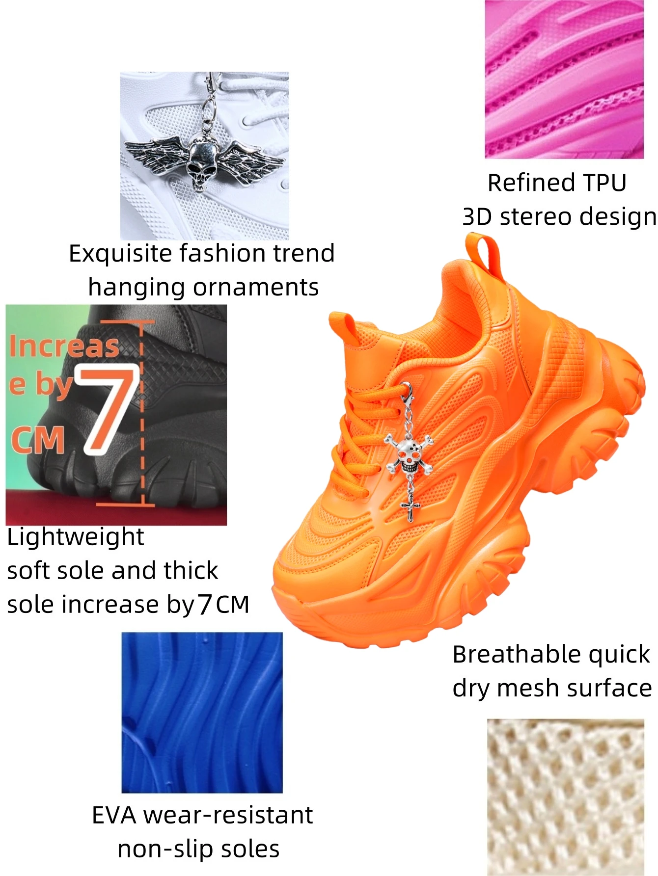 Damen-Outdoor-Allwetter-Modische Dad-Schuhe, Eva-Leichtgewicht-Sneaker mit dicker Sohle und 7 cm Absatzhöhe, orangefarbene Sportschuhe mit abnehmbarem silbernen Kreuz- und Totenkopf-Anhänger im Halloween-Punk-Stil, vielseitig einsetzbar für den täglichen Arbeitsweg und Fitness – Detail 2