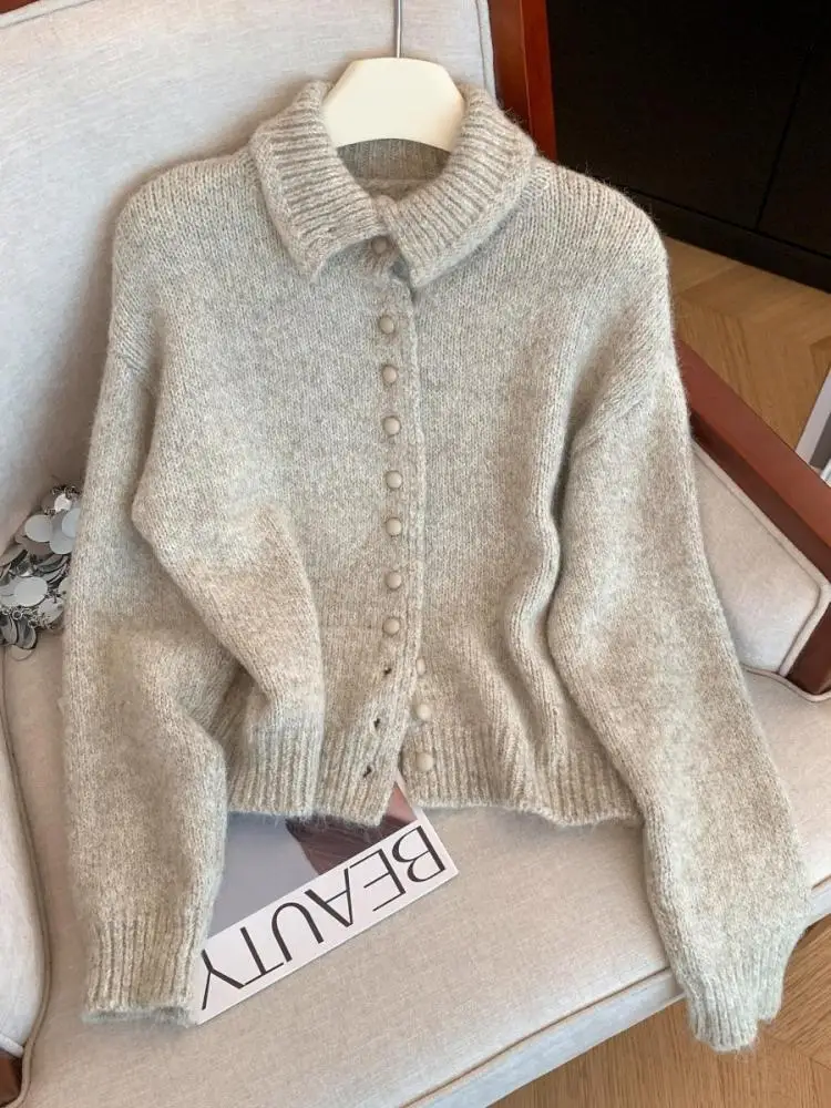 

Autumn Winter New Retro Fashion Solid Slim Knitted Cardigan Tops Women's Single Breasted Long Sleeved Short Sweater Streetwear