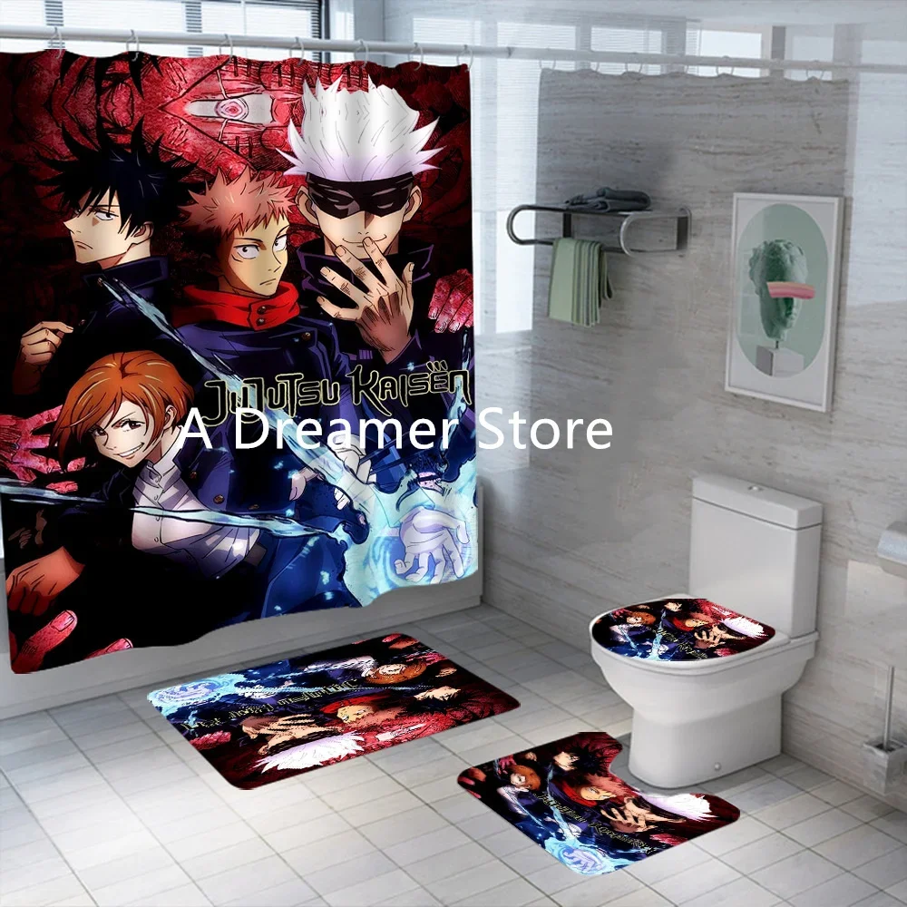 New Anime Jujutsu Kaisen Shower Curtain Set 4Piece Waterproof Polyester Bathroom Curtains For Adults Boys Decor Bath Mats Rugs