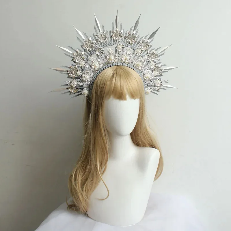 Headpiece Material Kit Silver ice queen halo crown with snowflakes, pearl chains and a forehead centerpiece, perfect for winter