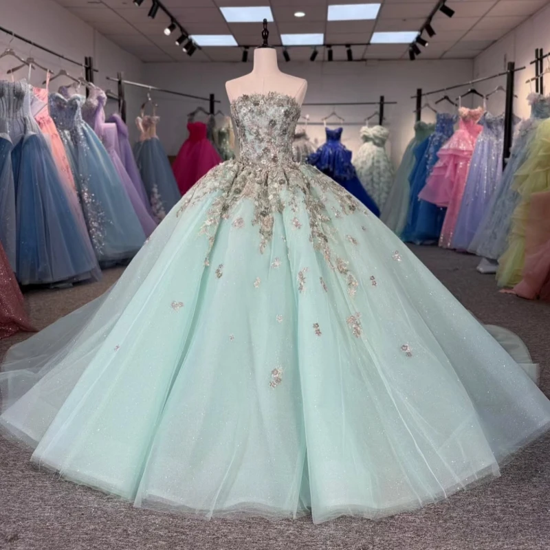

Светло-зеленые блестящие платья Quinceanera с открытыми плечами и аппликацией, кружевное тюлевое платье с бисером и кристаллами для вечеринки, дня рождения, сладкое платье 16, Vestidos