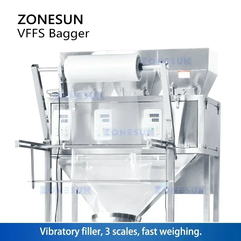 ZONESUN ZS-FS02 آلة تعبئة الأكياس VFFS الأوتوماتيكية للوجبات الخفيفة والحبيبات وتغليف أكياس البودرة