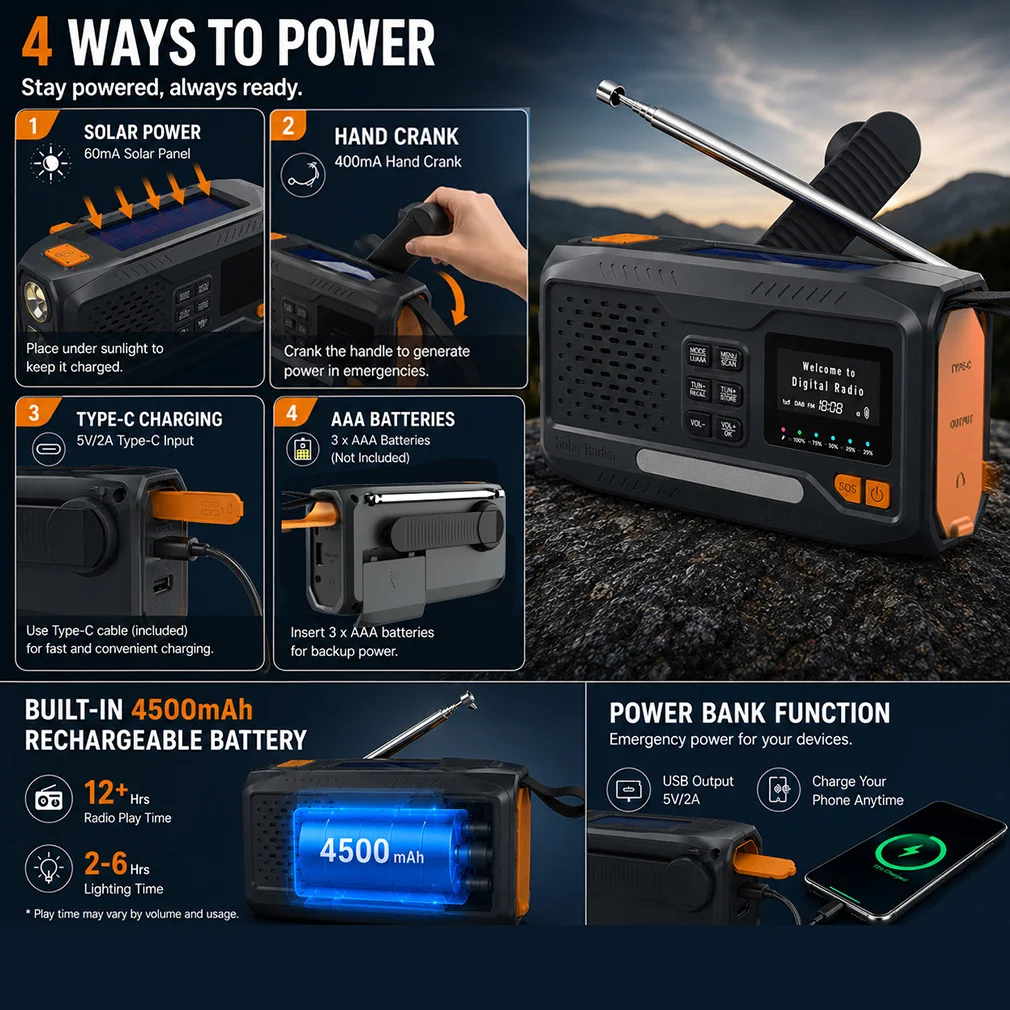 Portable DAB/FM Bluetooth Radio Solar Hand Crank Emergency Radio With LED Flashlight Reading Lamp 3.5mm Headphone Jack SOS Alarm