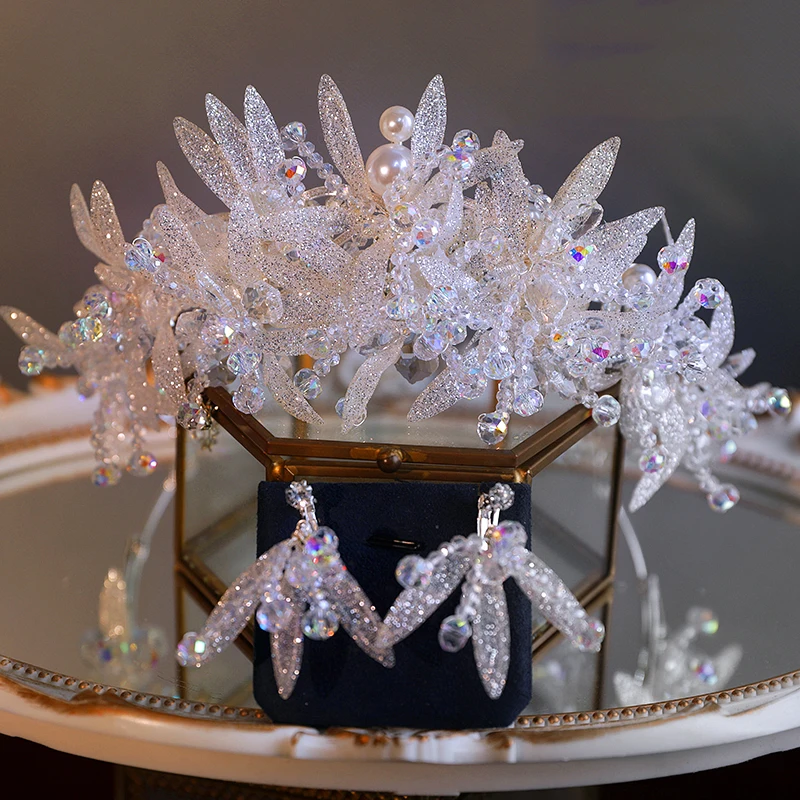 New Handmade Shiny Beaded Leaves Luxury Bridal Hair Crown Super Fairy Wedding Dress Shooting Tiaras Earring Accessories