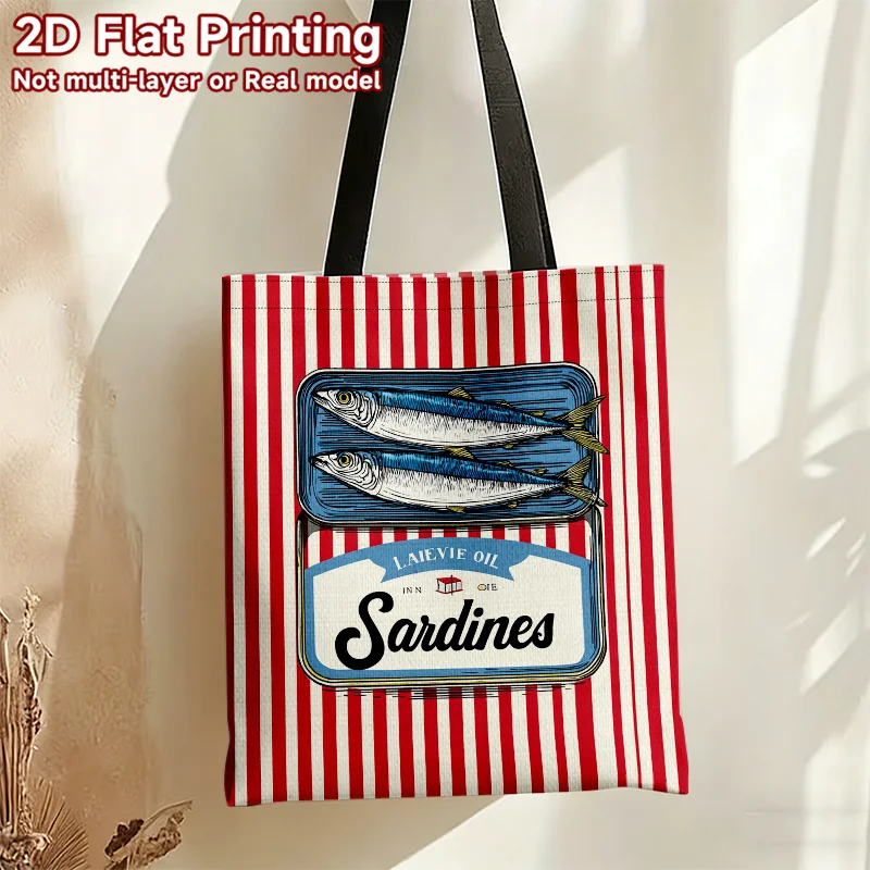 Practical Handbag Reusable Large Capacity Shoulder Bag Canned Sardines with Red Stripes Pattern Durable Polyester Foldable Bag
