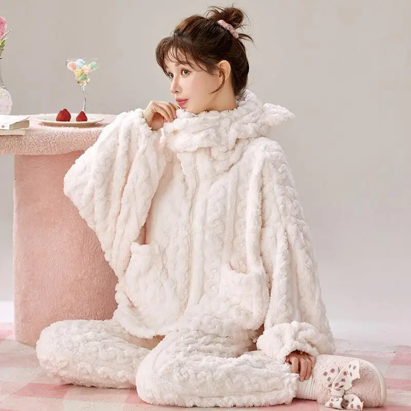 

Comfortable Sleepwear Outerwear Autumn Winter Coral Fleece Flannel Home Clothes Women's Pajama Set Loungewear Home Clothes Girl