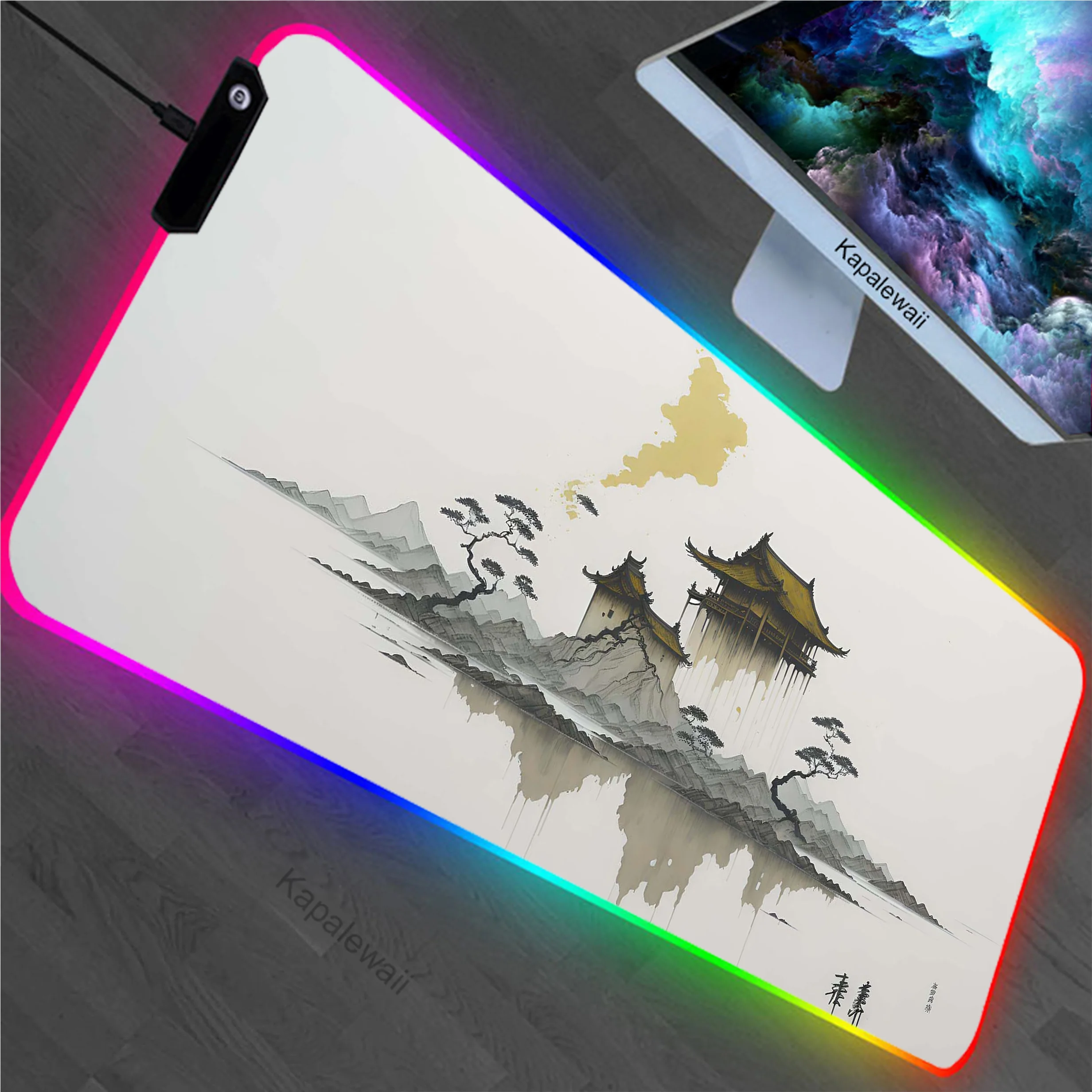 Mountain Serenity Japan Art RGB Mouse Pad LED Gaming Mousemat Large Desk Mat Pc Gamer Accessoires Mousepad Speed Keyboard Pads