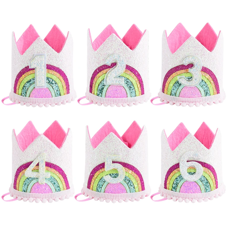 Baby Birthday Rainbow Crown Princess Headband Hat Hairband Photo Prop 1st 2nd 3rd Birthday Party Decoration Baby Shower Supplies
