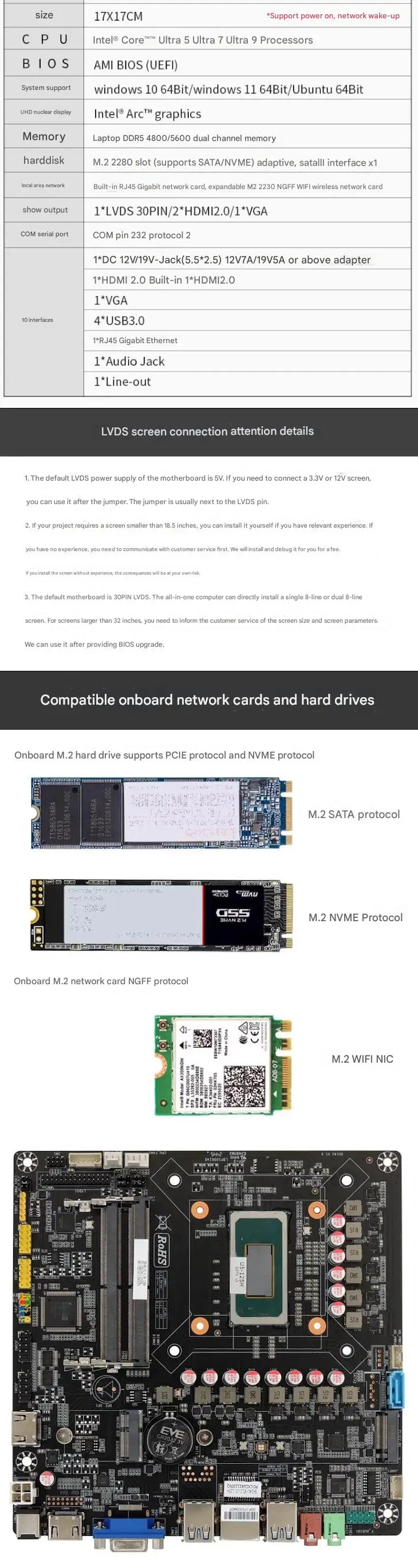 Scheda madre Ultra 5 125H Ultra 7 155H Mini-ITX Intel CPU IPC SBC Scheda madre ultrasottile incorporata con 2COM LAN DDR5 4USB LVDS