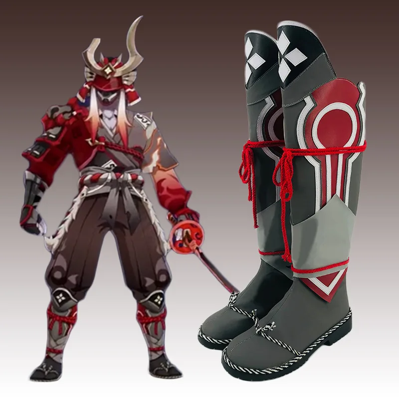 Game Impact Ka 10.00 Fiery Might Cosplay Mid Calf Boots PU Leather Ladies Zipper Knight High Heels Boots Boot Cosplay Shoes For Gi