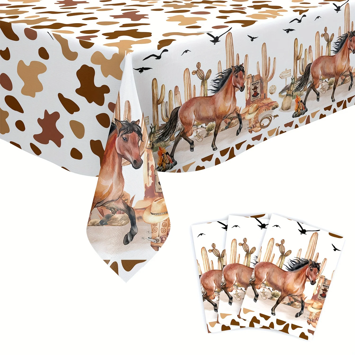 1Pc Western Horse Cactus Desert Print Tablecloth Brown Beige Table Cover For Party Birthday Dinner Decoration  Rectang