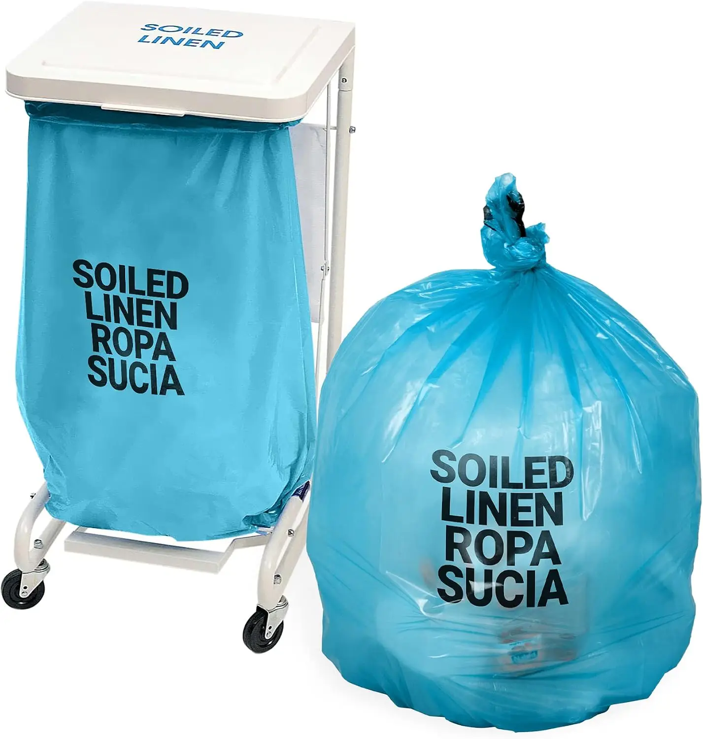 APQ Pack of 250 Soiled Linen Laundry Bags, Blue 31 x 43. Printed Plastic Disposable Bags 31x43, Thick 0.55 mil. Trash Liner Bags