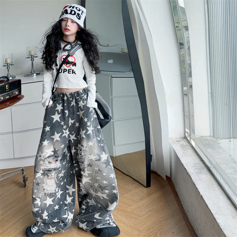 

Korean Teenager Girls 2pcs Outfit Autumn Junior Girls Cartoon Printed Top School Girls Ripped Wide Leg Pant Children Girls Sets