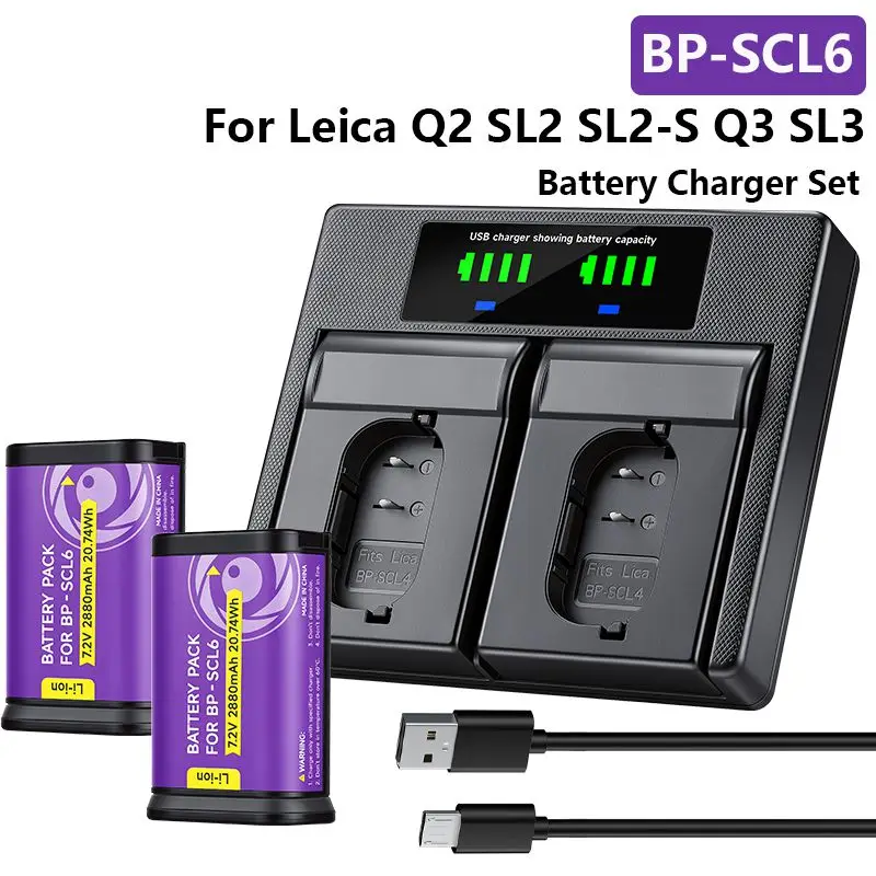 2880mAh BP-SCL6 Ersatzakku + 2-Karten-Slot-Ladegerät für Leica Q2 / Q2 Monochrom / Leica Q3 / Q3 43 für Leica SL2 / SL2-S / Leica SL3 / SL3-S Kamera