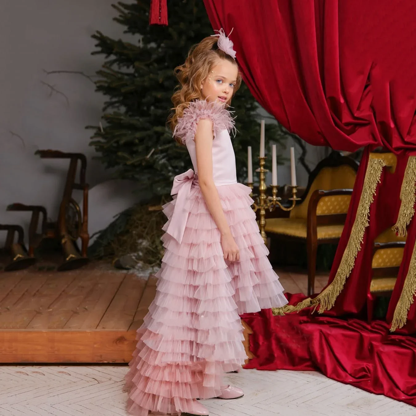 Vestidos elegantes con mangas de plumas para niña, vestidos de flores blancas para actuación de Piano, vestido de fiesta de boda, cumpleaños de princesa personalizado