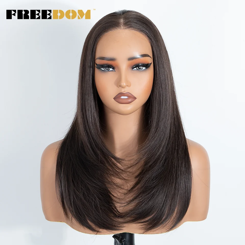 FREEDOM Synthetic Lace Front Wigs For Women 18 Inch Straight Ombre Brown Blonde 13x3 Layered Lace Wig Pre-plucked Cosplay Wigs