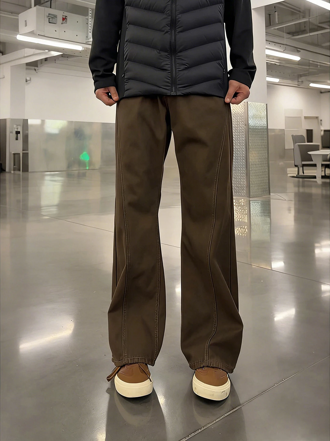

Men's Winter Fce Lined Bell Bot Jeans mid Waist Straight Cut American Sle Casual Workwear Khaki Side Slit Jeans