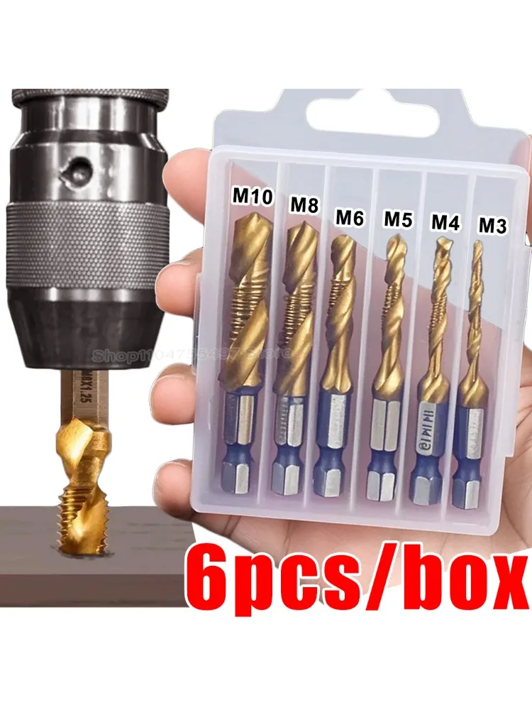 Jeu de forets et de tarauds HSS 6 pièces outil de taraudage plaqué titane en acier rapide pour le perçage du taraud à vis pour le travail du métal et du bois M3-M10