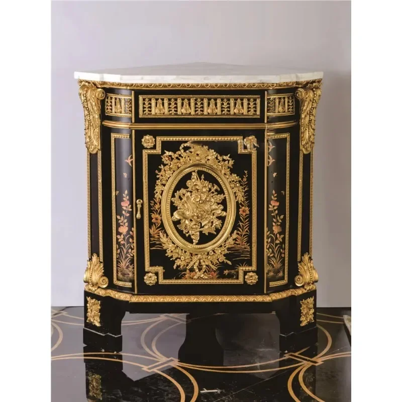 Birch + Marble + Brass Marble Top with Copper Single Door Corner Cabinet