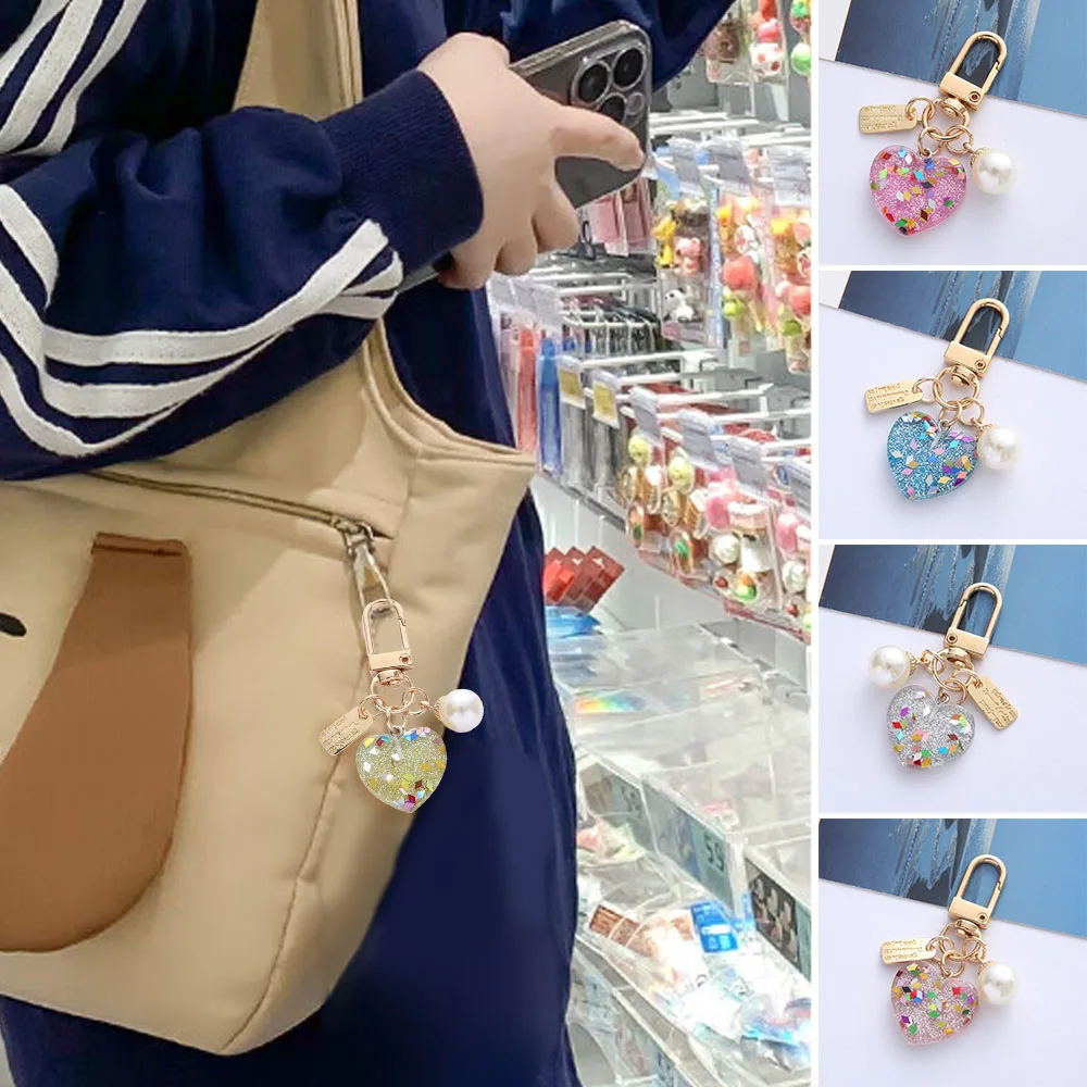 Keychain Pendant Earphone Purse Decoration Pearl Metal Keyring Acrylic Heart Keychain Pendant Sequin Colorful Bag Accessories