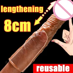 Extensor de manga de pene realista para hombres, condón de eyaculación retardada, 8cm, estimulación del punto G, Juguetes sexuales