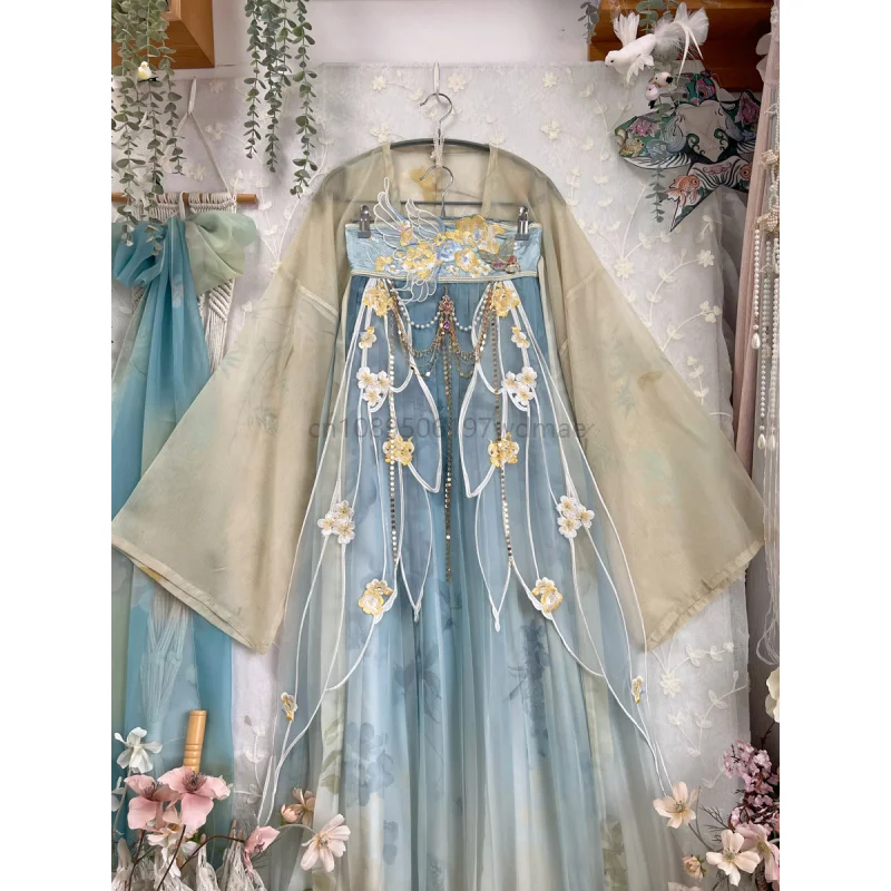 Traditional New Hanfu Set Women Tang Dynasty Qi Xiong Gradient Fairy Flowing Pleated Skirt Chinese Style Outfit