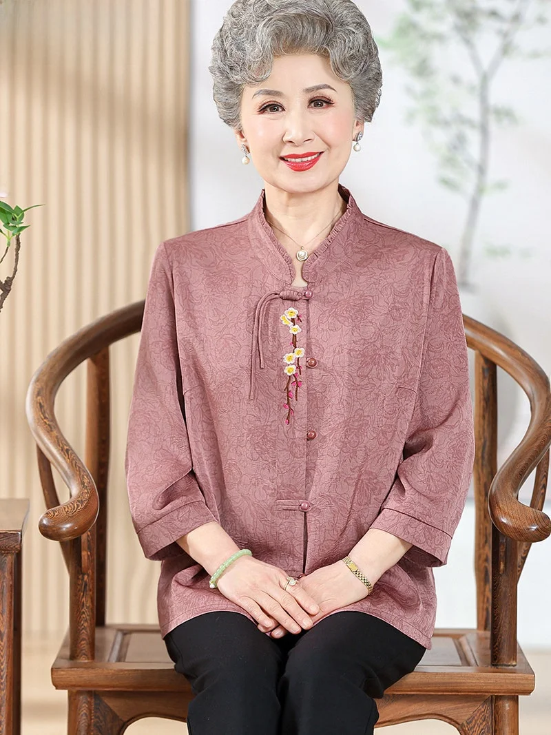 

Hengyuanxiang Silk Shirt for Mom Summer Spring Fashion Elderly Wedding Celebration Medium Age And above Ladies' Clothing