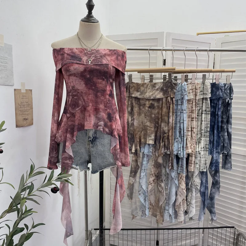 

Retro Tie-dye Off The Shoulder Mesh Long-sleeved T-shirt Irregular Streamer Spice Girl Top