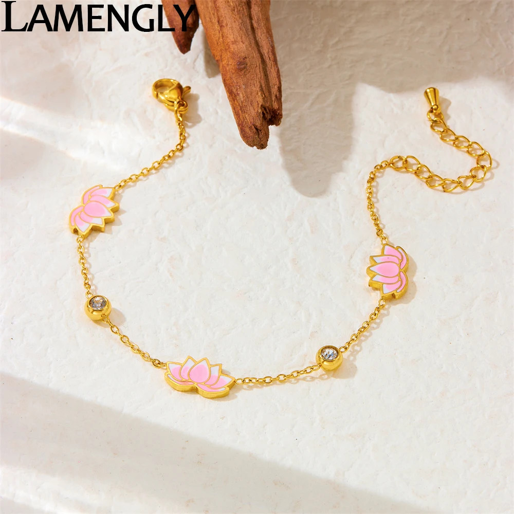 

LAMENGLY 316L Stainless Steel Fascinating White Crystal Pink Lotus Series Bracelet For Women Girl Noble Wrist Chain Jewelry Gift
