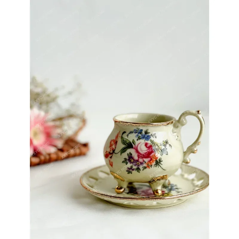 Vintage Court Style 4 Legged Flower Big Belly Cup Heart-Shaped Hollow Gold-Wiping Coffee Cup Special Four-Legged Cup and Saucer