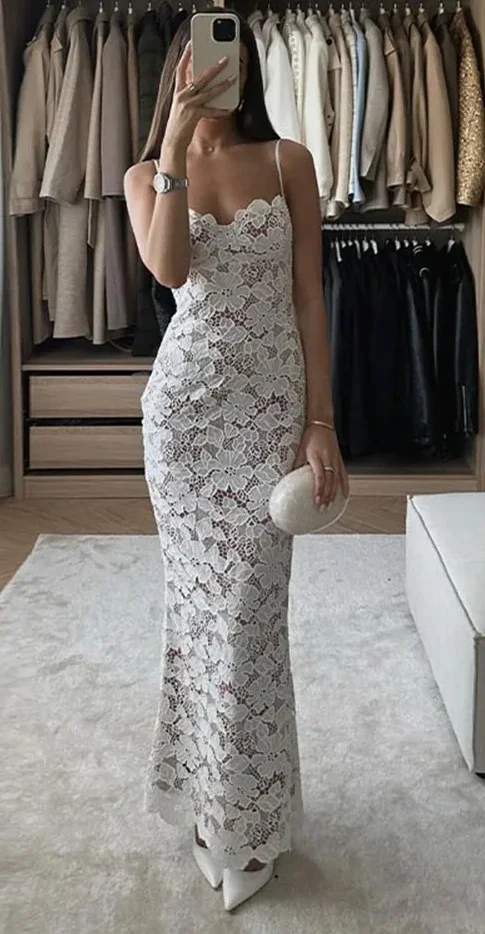 

Elegant Lace Mesh Sheer White Slip Long Dresses Women Sexy Sleeveless Floral Bodycon Hollow Out Robe Lady Club Party Vestidos