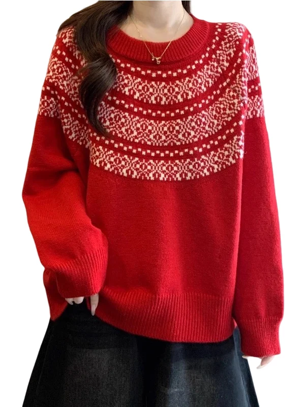 Red Fair Isle Knitted Sweater Women's Shoulder Size Large Christmas Style Top Autumn New Arrival plus Size Commute Style Loos...