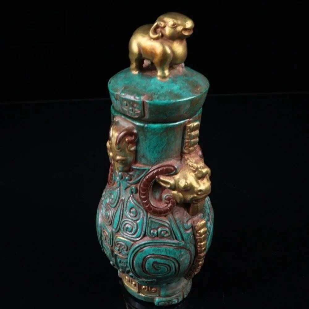 High-glaze Turquoise-colored Jade Vase with Gold-painted Auspicious Beasts, Featuring Intricate Relief Carving and A Rich Patina