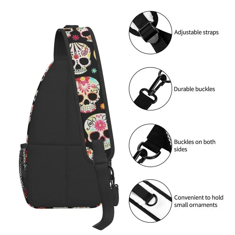 Sugar Skulls Sling Chest Bag Customized Day Of The Dead Shoulder Crossbody Backpack for Men Cycling Camping Daypack