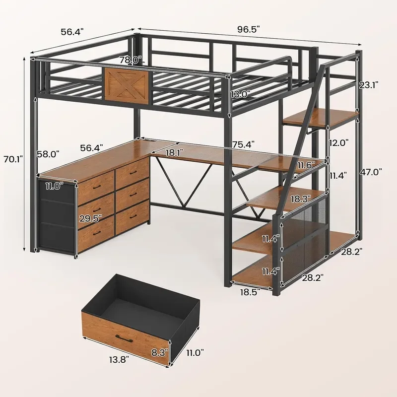 Full Size Loft Bed with Desk and Storage Stairs Metal Loft Bed with 6 Storage Drawers Hall Tree LED Lights and Power Outlet